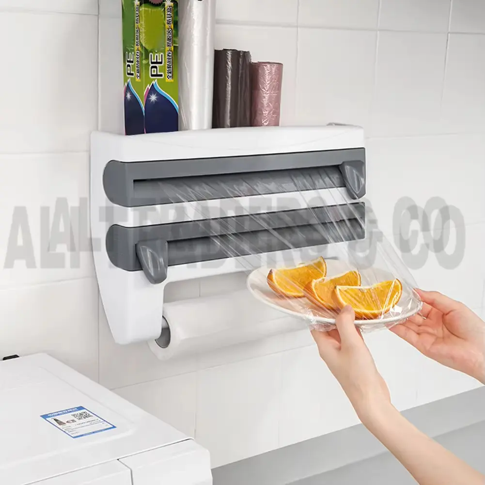 ABS Material Wall Mounted Kitchen Cling Film Dispenser with Cutter, Cling Film Aluminum Foil Roll Holder Paper Towel Holder Grey