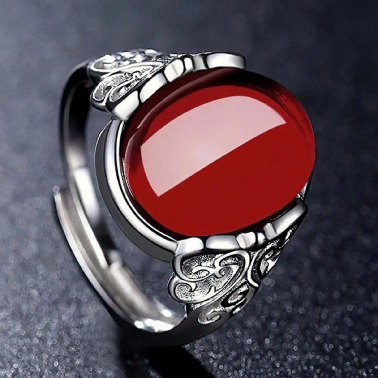 Vintage Red Agate and Stone Adjustable Open Ring - Fashionable Crown Design for Index or Middle Finger