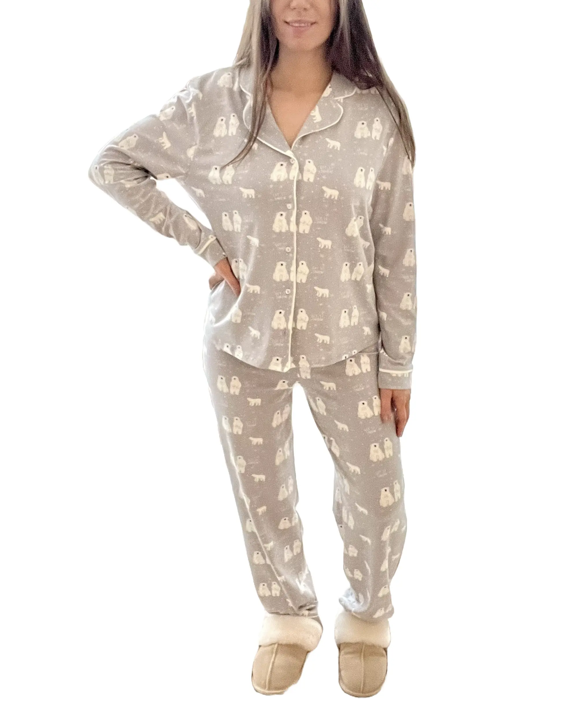 Grey Polar Bear Print Women's Gifts for Her Soft Warm Cotton Winter Pyjamas with Piping Detail and Wide Leg Trousers in Size 8-18 - Nightwear, Loungewear Comfort Stretchy Soft Fabric