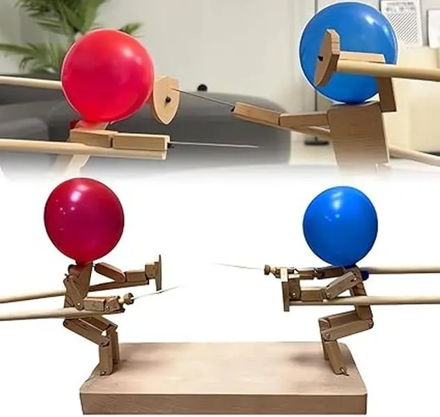 2-Player Balloon Bamboo Man Battle Game - Boom Boom Balloon Game, Handmade Wooden Fencing Puppet Set for Exciting Balloon Battles, Fast-Paced Party Game for Kids and Adults (With 20 Balloons)