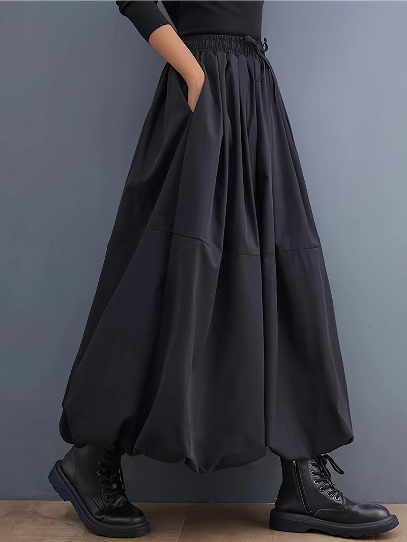 Product Introduction of Women's Elegant Black Maxi Skirt - Solid Color, A-Line Silhouette with Pockets, Polyester, Machine Washable, Ideal for Spring/Summer 1