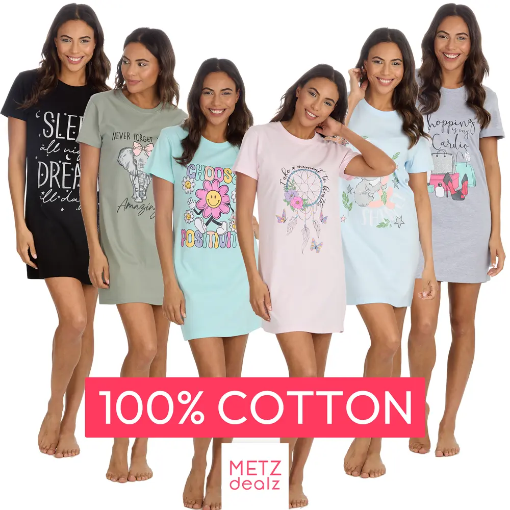 Ladies 100% Cotton Nightie Mid Thigh Nightdress Jersey Nightshirt PJ's S M L XL summer sleepwear