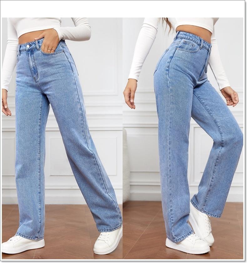Product Introduction of Women Jeans Straight Pants Denim Washing High Waist Loose Fit Pockets Basics Ankle Length Pants Solid Color Slight Strech 10