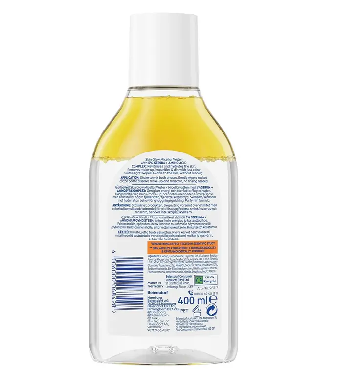 NIVEA Skin Glow Serum Infused Micellar Water Revitalising Micellar Cleansing Water with Amino 400ml Makeup Makeup Remover Waterproof Cosmetic 1