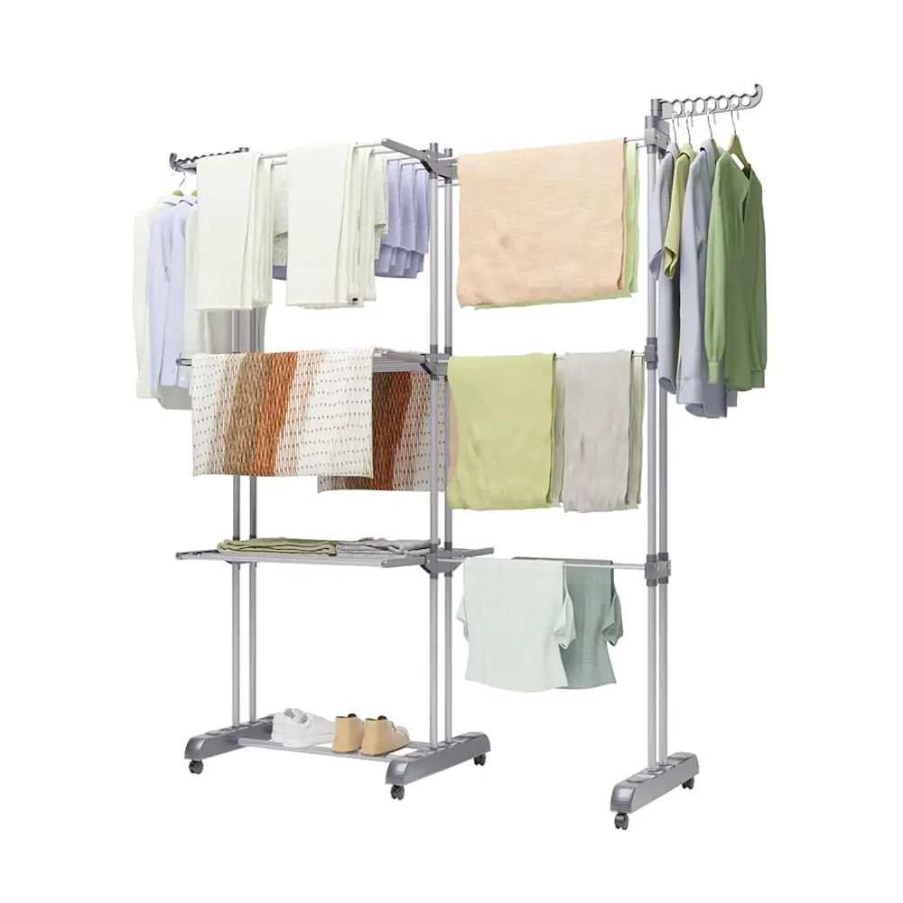 Oak&Tea Clothes Drying Rack Foldable - Adjustable 4 Tier Clothes Airer, Large Clothes Dryer Rack, Air Dryers Clothes Indoor Outdoor, Laundry Drying Rack with Wheels, Accessories Accessory Installation Hangable Hanger cloth drying