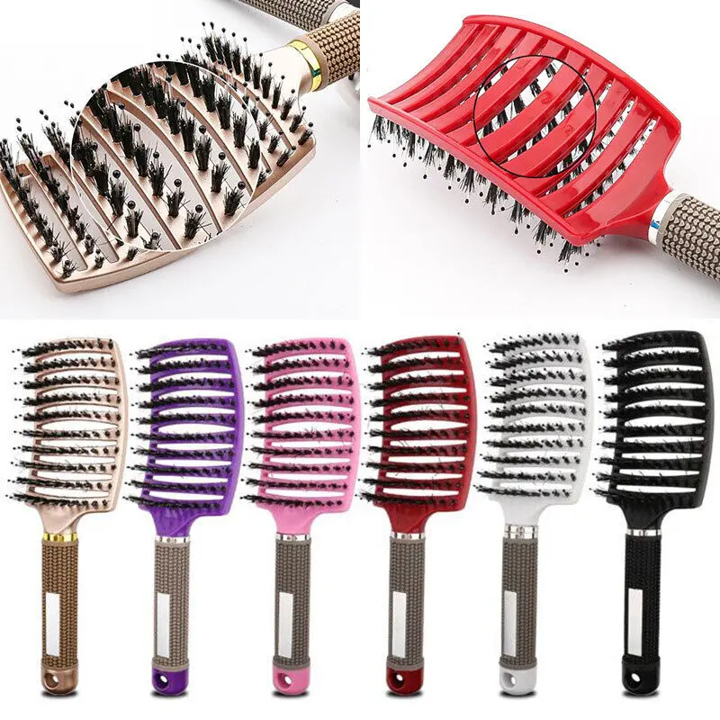 Natural Boar Bristle Detangling Nylon Brush Large Curly Hair Style Women's Tools Haircare Comb 4