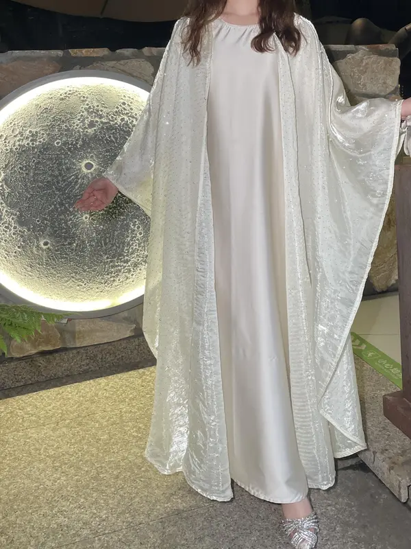 #LY02 Ramadan Promotion Shiny pearl organza abaya, two pieces set with satin inner dress classic abaya 2
