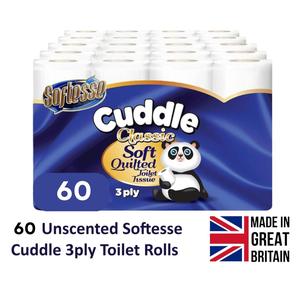 Softesse Cuddle Unscented Soft Quilted Toilet Rolls - 3 Ply Toilet Tissues 5*12 Pack Classic Soft Blue for Bulk Buy - Wipes Lightweight Sheets