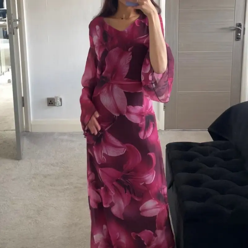 SHESOUT in the Purple abstract floral chiffon tie front or tie back maxi dress 0