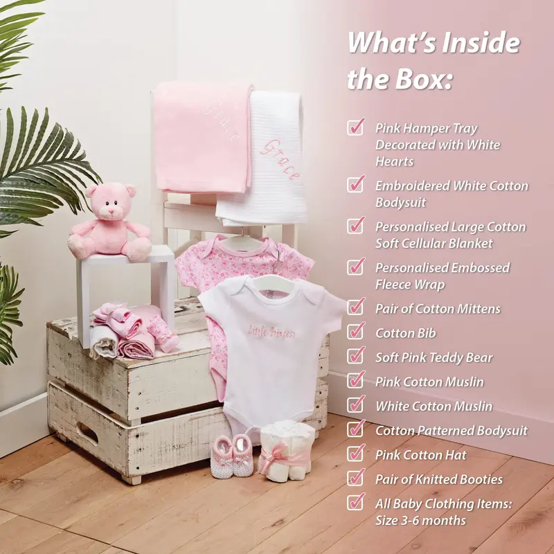 Baby Box Shop Personalised Baby Gift Set - 12 Baby Girl Essentials with 3 Personalised Baby Girl Gifts - Baby Girl Gifts, Newborn Baby Girl Hamper Basket Gifts with Personalised Baby Blankets, Pink 1