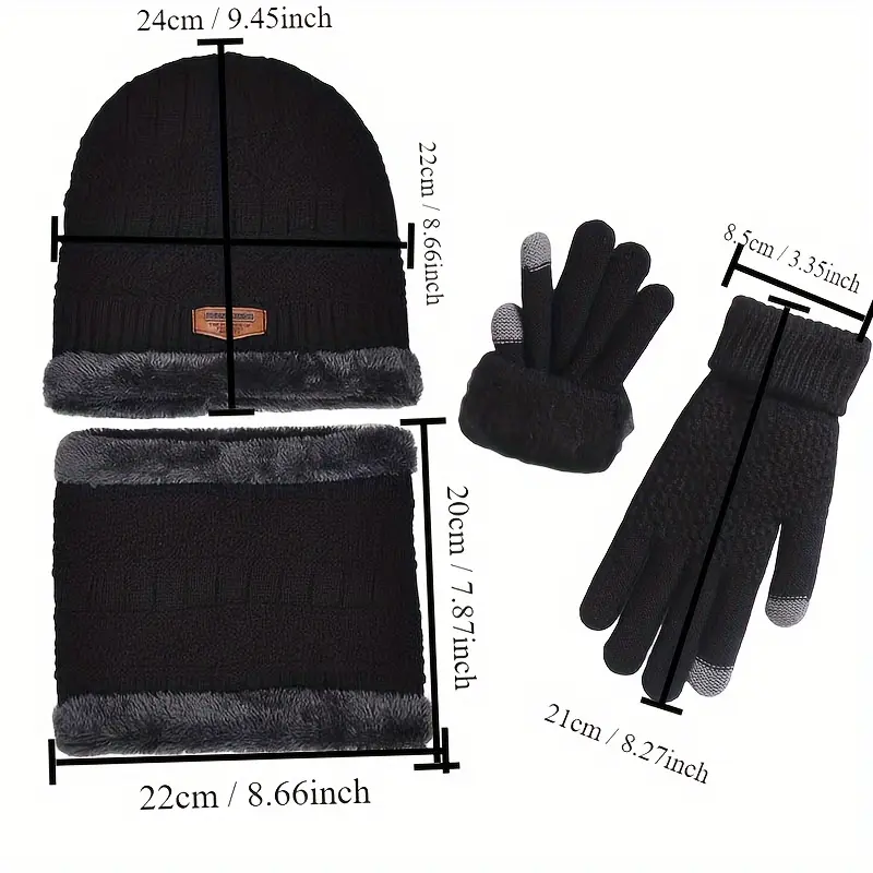 Men's Comfortable Knitted Hat + Scarf + Warm Gloves Three-piece Set - Thickened and Warm Fleece Lining Winter Accessories, Letter Patch Style Warm Hat and Warm Faux Sheepskin Scarf and Winter Men's and Women's Faux Sheepskin Full Finger Gloves 2