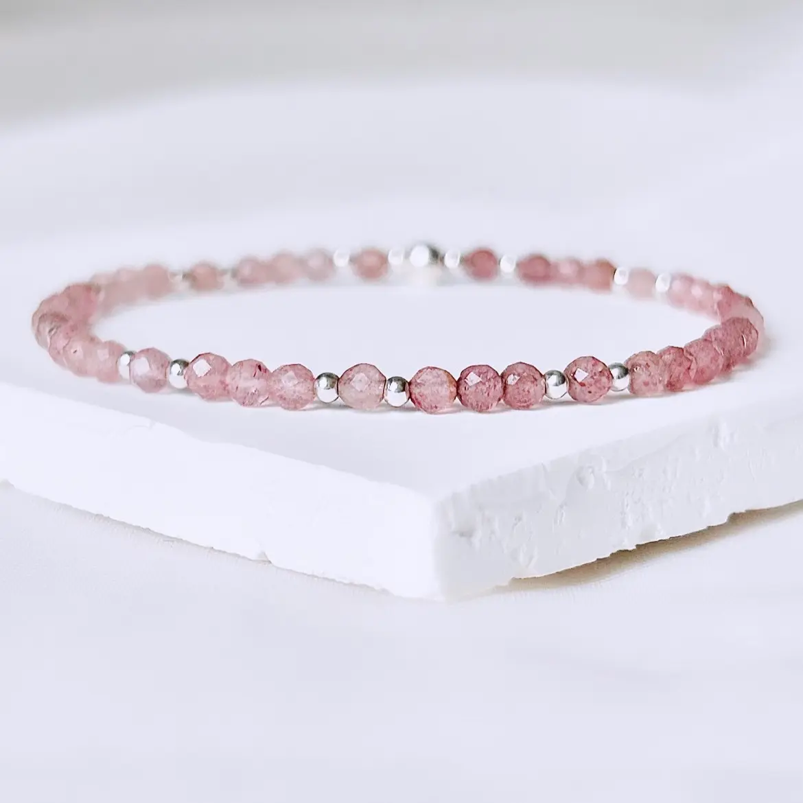 Dainty Strawberry Quartz Gemstone Bracelet. 925 Sterling Silver