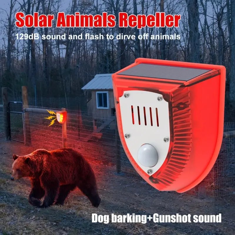 1pc Solar-Powered Motion Sensor Alarm, 129dB Siren & Dog Barking Sound Alert, 6 Red LED Flash Warning Strobe Light, Security System For Farm, Villa, Home, Yard, Barn, Outdoor Safety, PIR Sensor, Within 157.48inch Range 1