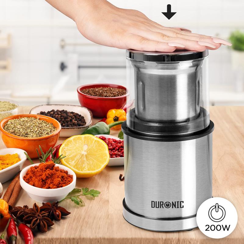 Duronic Electric Blade Coffee Grinder CG421, 2 in 1 Spice Grinder Kitchen Machine, Wet & Dry Grinding Mini Mill Hopper, 75g/220ml, 200W, 2x Stainless Steel Cups for Beans, Herbs, Nuts 3
