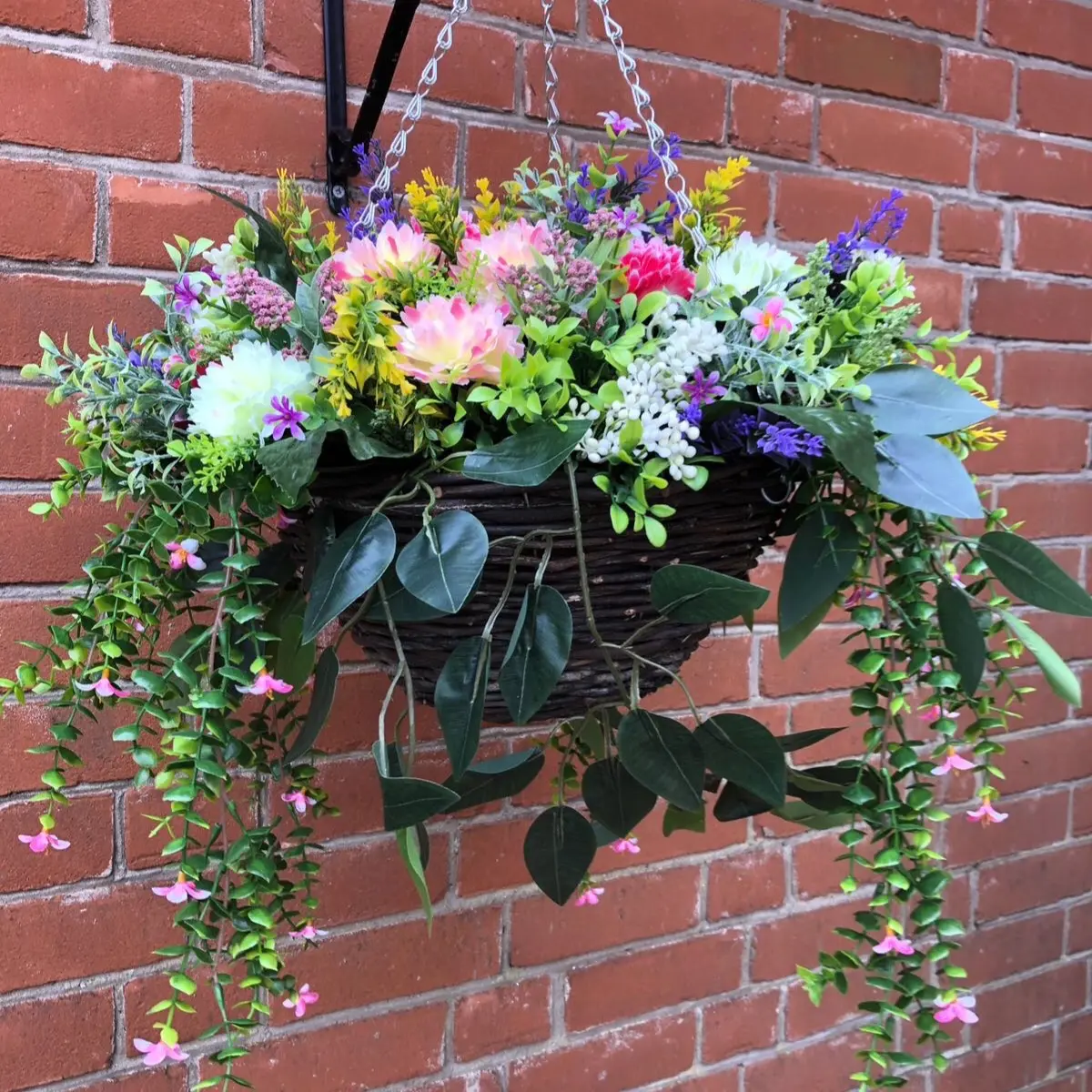 Artificial flower handmade, Hanging Basket, trailing flowers and leaves with chrysanthemums, greenery and berries