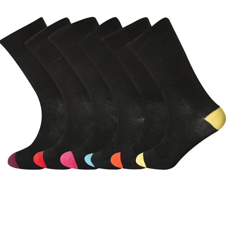 6 Pairs Men’s Non-Elastic Diabetic Black With Colour Heel & Toe Socks for Men - Rich Cotton Fabric - UK Size 6-11 - Day Menswear Soft Comfy Top Plain 1