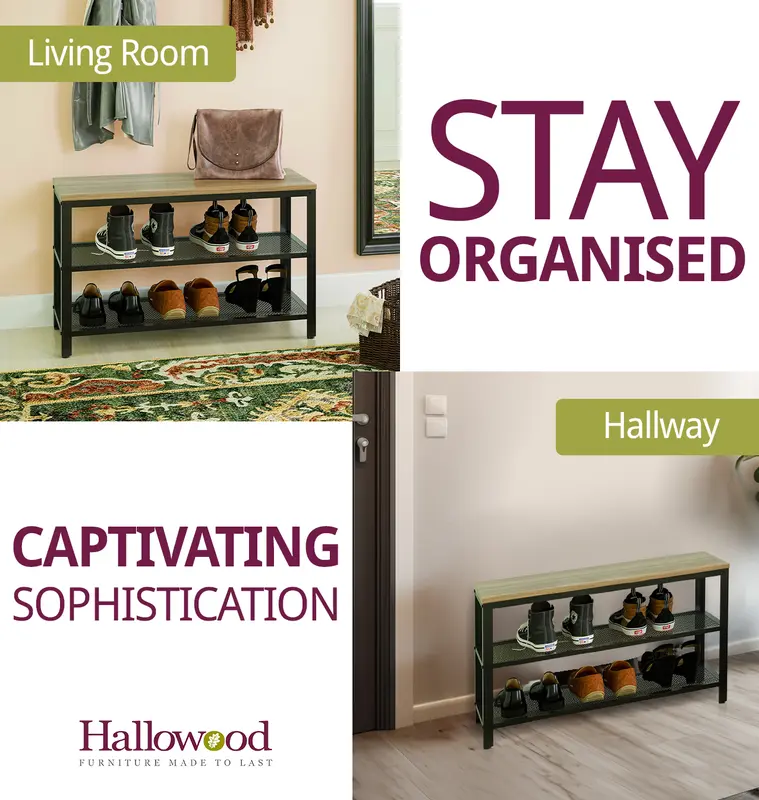 Hallowood Furniture Malvern 2 Tier Metal Shoe Rack with Wooden Oak Effect Top, Modern Shoe Storage, Shoe Rack Storage Organiser Shelf, Small Entryway Bench, Narrow Shoe Rack for 6 Pairs of Shoes 5