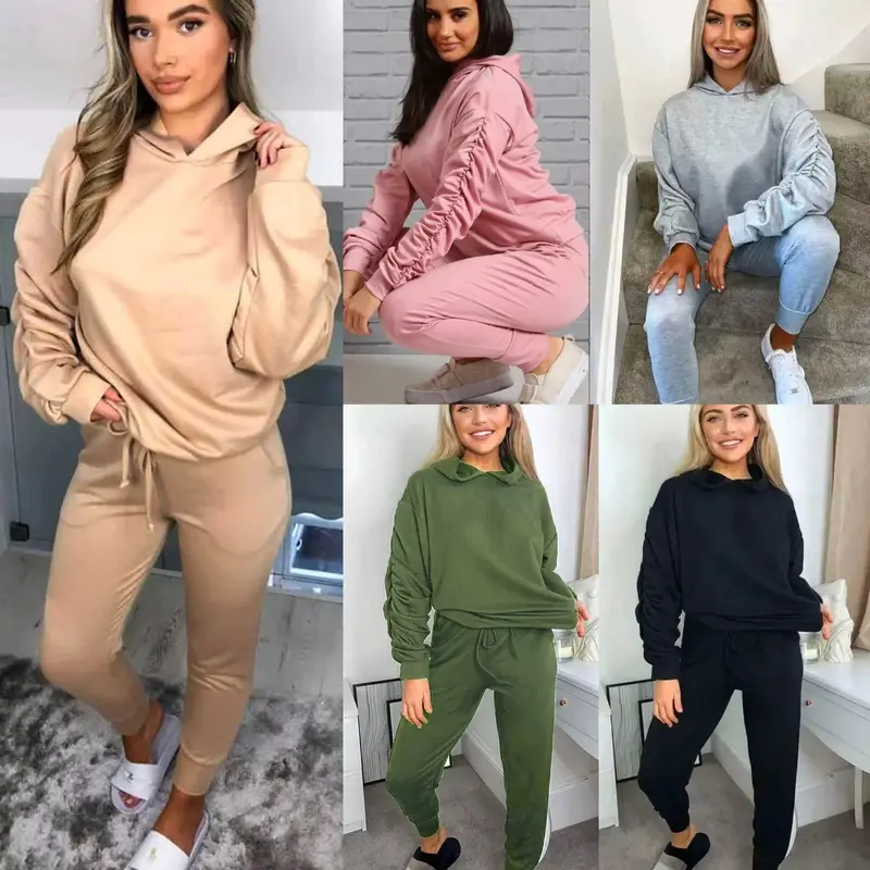 Women's Ladies Ruched Sleeve Hoodie top and Bottom Suit Lounge Set Tracksuit UK 0