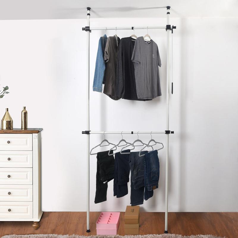 Telescopic Wardrobe Organiser Hanging Rail Clothes Rack Adjustable Storage Shelving Hangable Metal 7