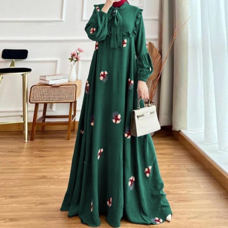 Hot Sale M2379 Hot Sale New Embroidered Lace-Up Collar Long Sleeve, Stylish and Elegant Muslim Dress 6