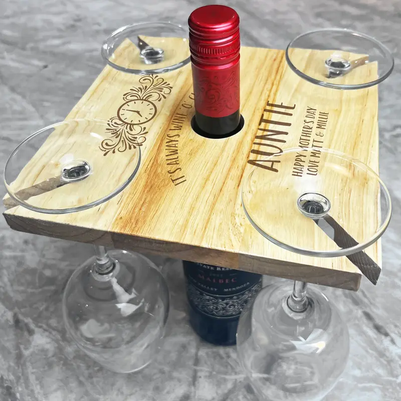 Wine O Clock Auntie Mother's Day Personalised Gift 4 Wine Glass & Bottle Holder - Personalised Gift, Custom Gift 0