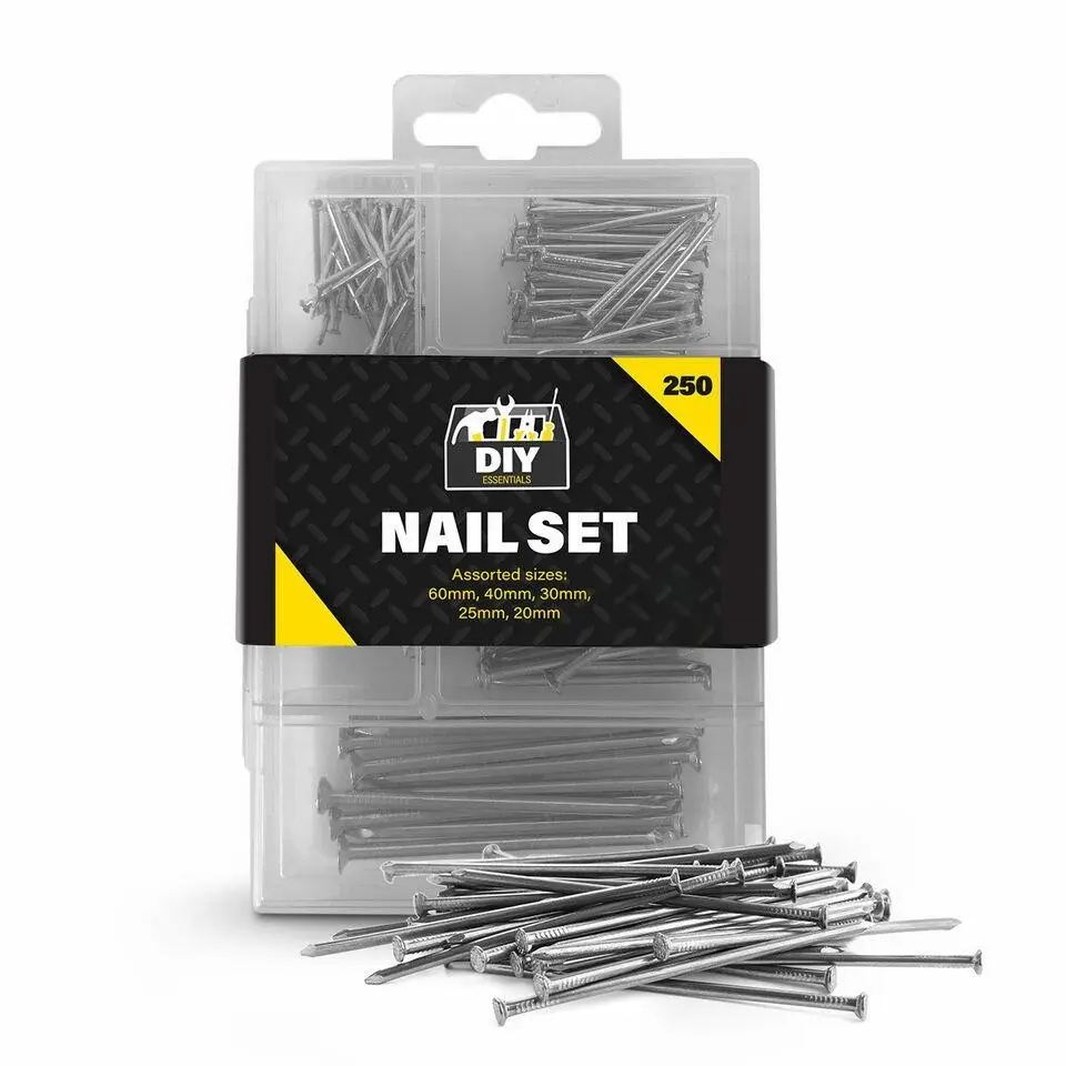 250Pk Assorted Nails for Wood - Premium Hardware Iron Nails for Hanging Pictures | Long, Medium and Small Wall Nails for DIY and Crafts, Home Décor, Woodwork, Construction & Furniture