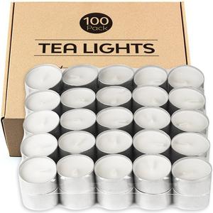 100 White Tea Lights Candles - 8 Hour Long Burn, Unscented for Christmas, New Year Home Decor, Weddings, Parties & Table Decorations - Freshener, Pack