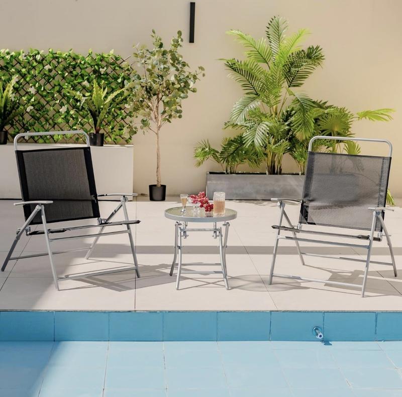 Product Introduction of 3PCS Patio Bistro Set, Garden Folding Chairs and Table Set with Ripple-like Glass Tabletop, Metal Frame Outdoor Dining Furniture Conversation Set for Balcony, Deck, Yard, Poolside 13