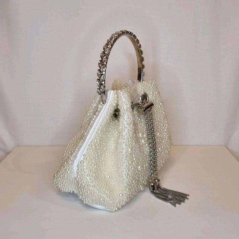 Ivory Pink Pearl Luxury Bon Bon Crystal Diamond Top Handle Tassel Chain Embellished Evening Clutch Bag for Women odourless elegant fashion bags 4