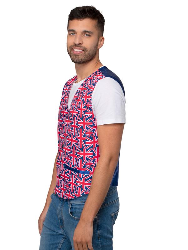 Smiffys Costume & Party Union Jack Print Waistcoat Mens Fancy Dress Costume Great Britain Eurovision United Kingdom Patriotic Outfit Red White and Blue Menswear Satin 1