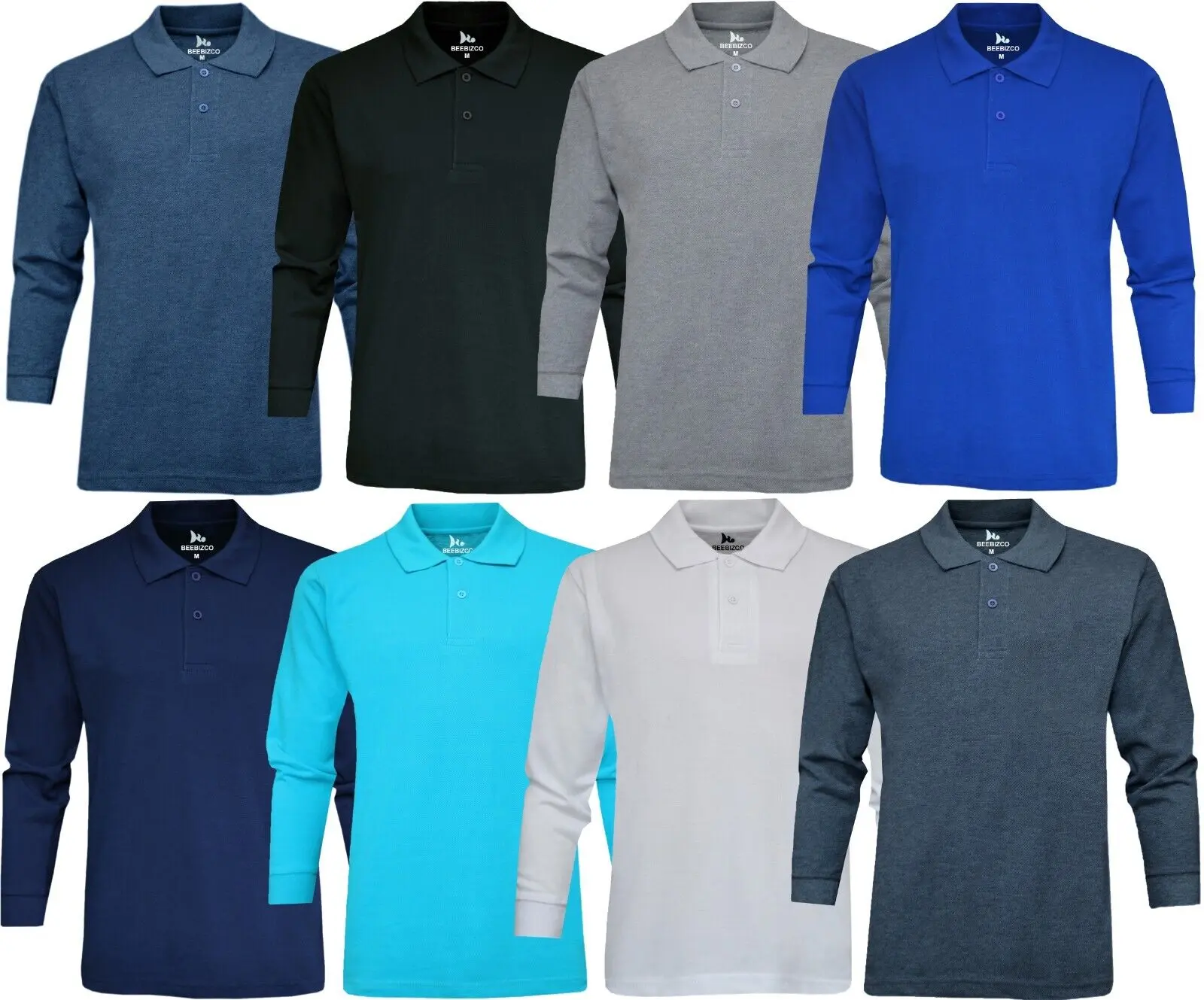 Beebizco Long Sleeve Polo Shirt Plain 2 Button Collared Top Pique Cotton Mix Menswear