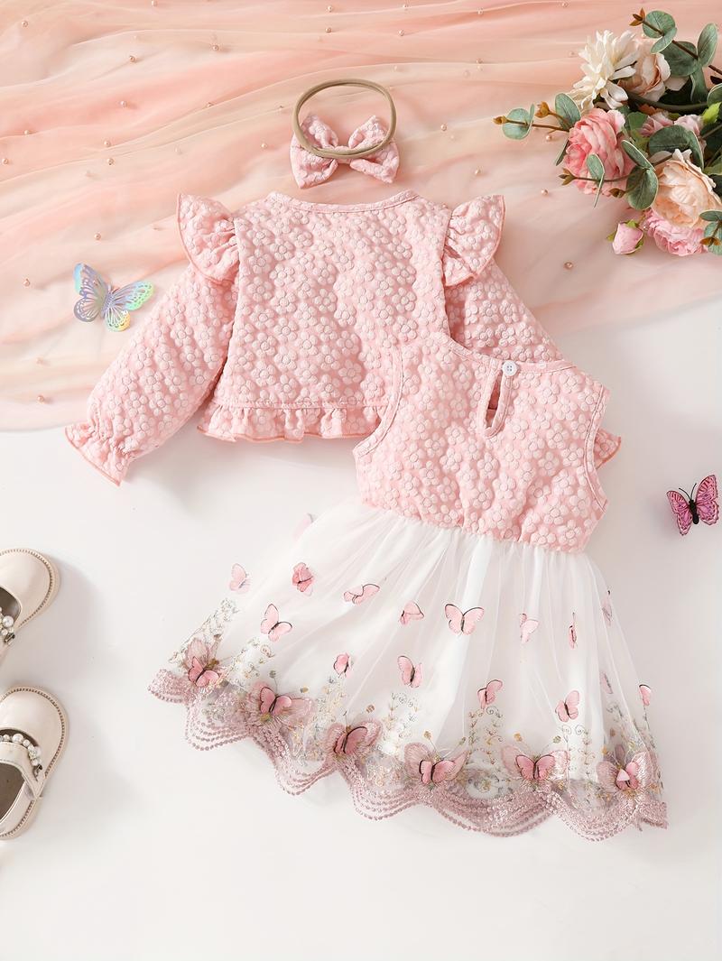 Product Introduction of 3pcs Fashion Casual Girl Butterfly Style Long Sleeve Ruffle Short Top + Sleeveless Mesh Butterfly Dress + Bow Hair Tie 5