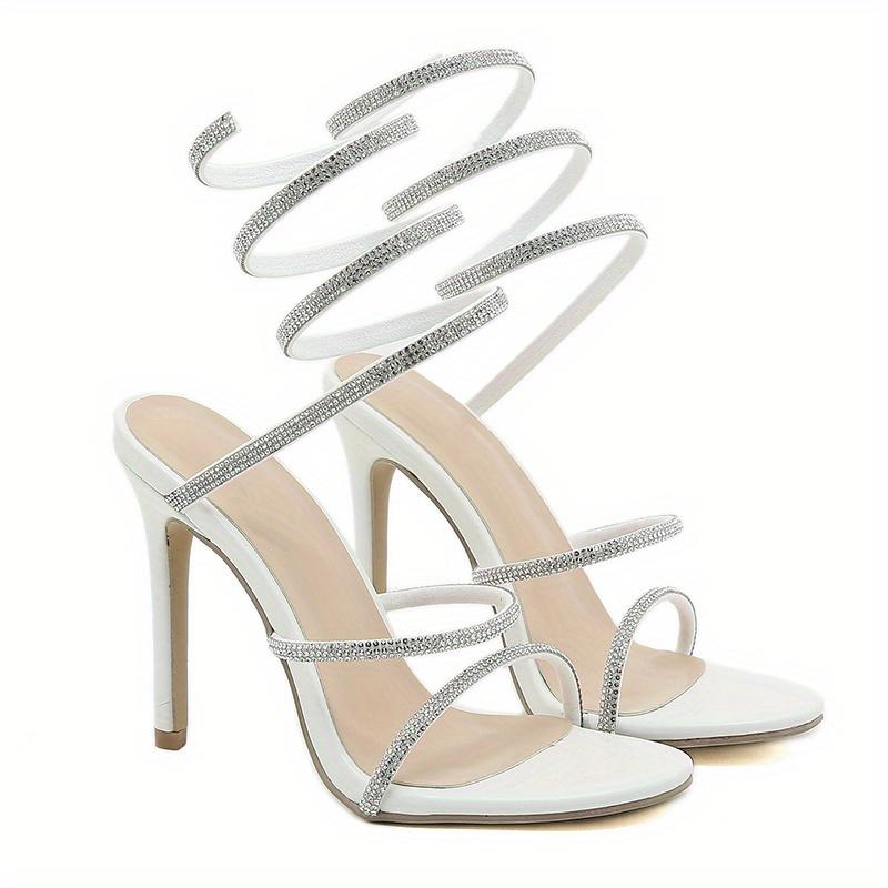 Women's Rhinestone Decor Sandals, Slip On Open Toe Stiletto Heel Ankle Strap Slides Shoes, Glitter Dress & Party Shoes 4