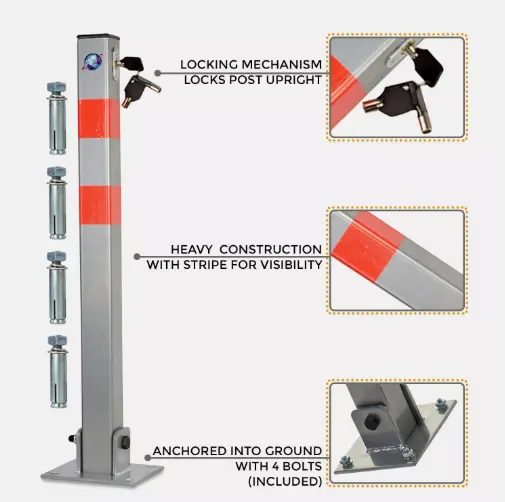 LOCKABLE PARKING BARRIER FOLDING CAR PARK BOLLARD SECURITY DRIVEWAY POST 3 KEYS 1