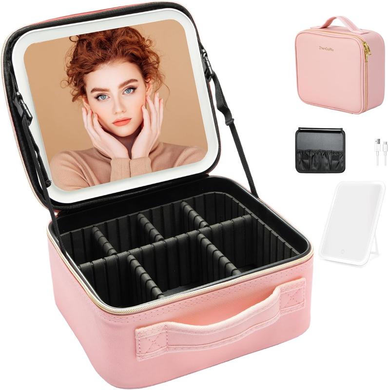 Travel Makeup Bag with LED Light Mirror 3 Color Adjustable Brightness, Waterproof Cosmetic Case Organizer with DIY Dividers, Toiletry Makeup Case Christmas Gift for Her 0