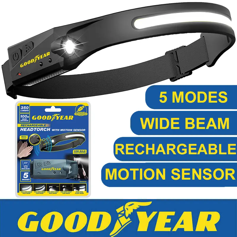 Goodyear LED Head Torch Rechargeable Headlamp COB Motion Sensor Waterproof Light 0