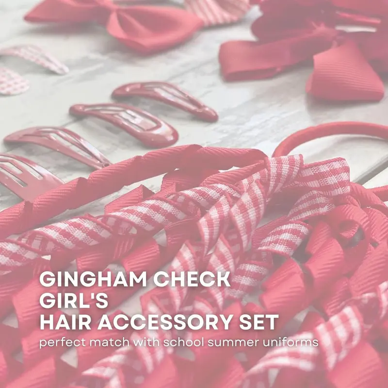 Girl Hair Accessories Set 16 Pieces Hair Ties, Pins, Scrunchies, Ribbon Ponytail Holder Summer School Check Uniform, Red 3