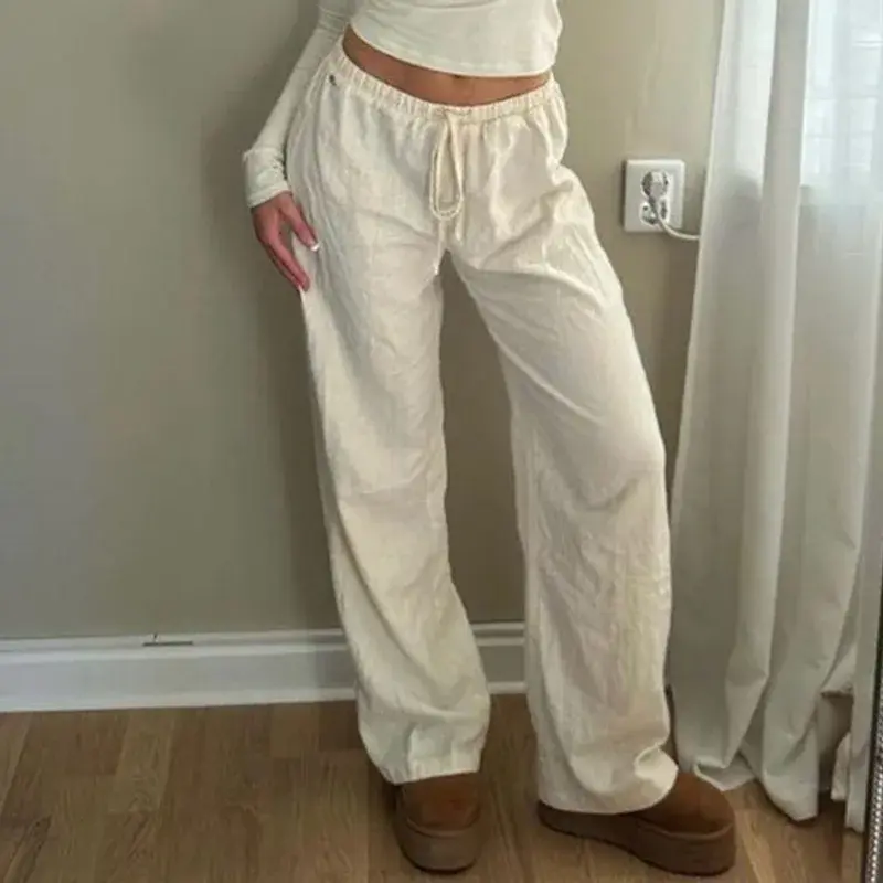 Summer Women's Cotton Linen Solid Color High-Waisted Drawstring Comfortable Casual Trousers Loose Fit Straight Leg Pants