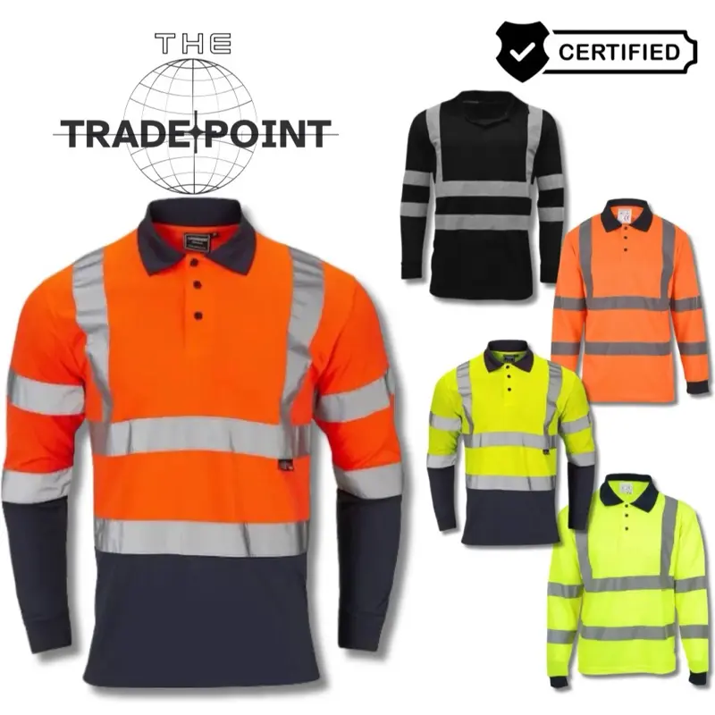 Hi vis viz Long Sleeve Polo t-Shirts Workwear Menswear Reflective Comfort Top Artificial Black Blue Breathable Classic Collar Day Fabric Garment Big Medium Natural Navy Orange Outdoor Polyester Small