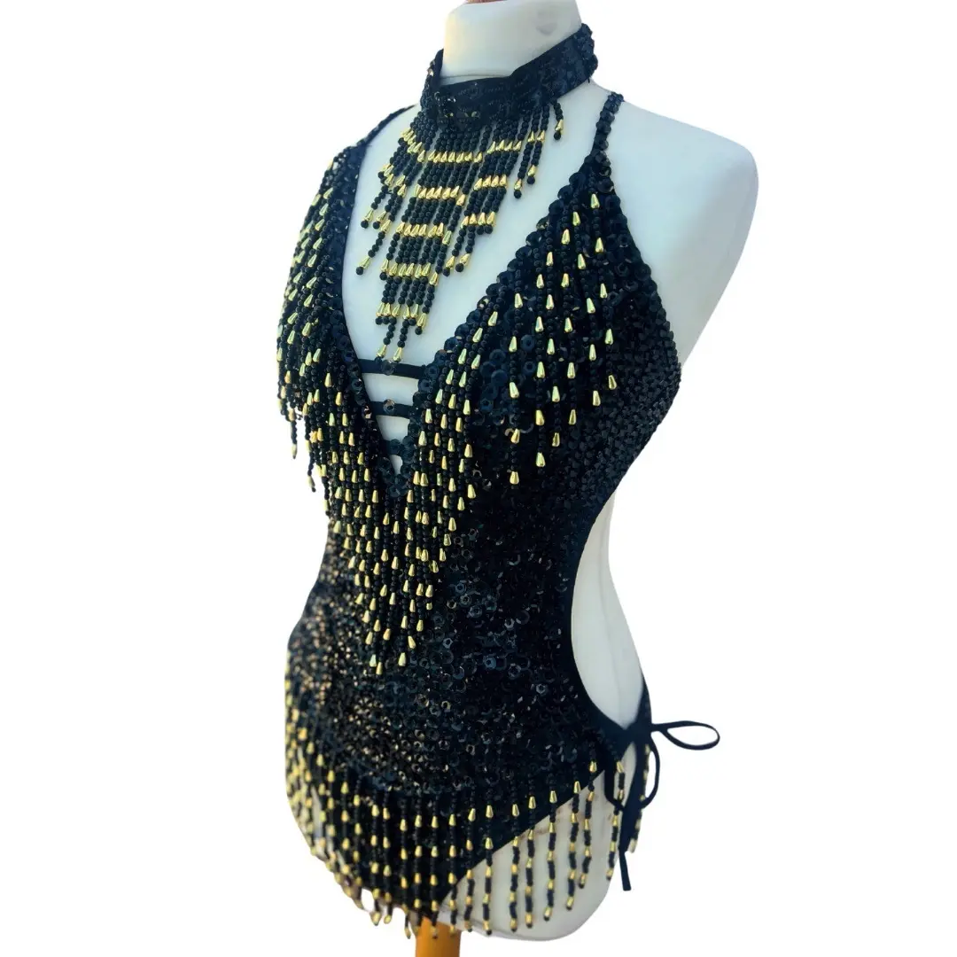 Sparkly Black & Gold Sequin Showgirl Costume for Dancers and Aerial Performers - Accessories, Womenswear Clothing Leotard Sleeveless