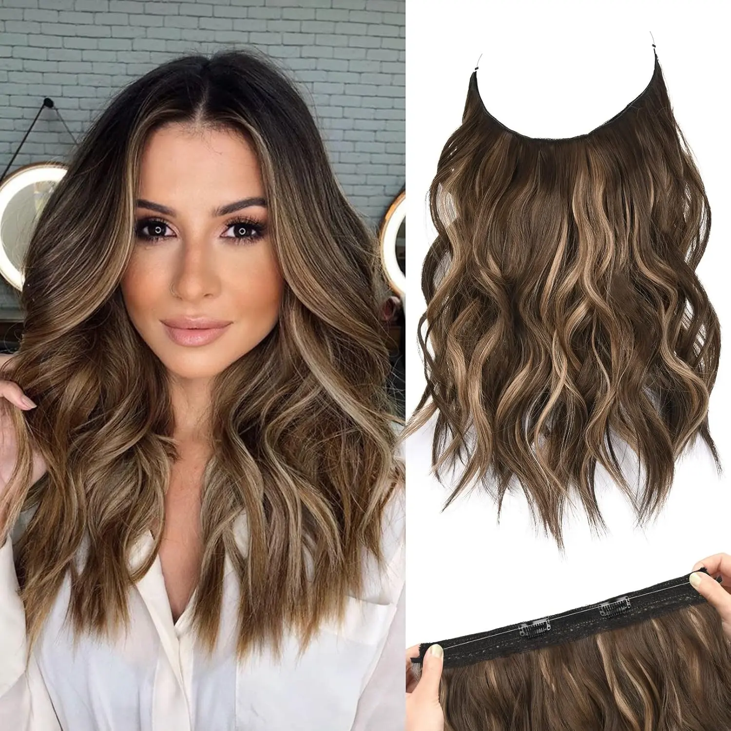 REECHO Invisible Wire Hair Extensions with Thinner Softer Lace Weft Adjustable Size Removable Secure Clips in Wavy Secret Hairpiece 12 Inch (Pack of 1) - Chocolate Brown with Blonde Highlights