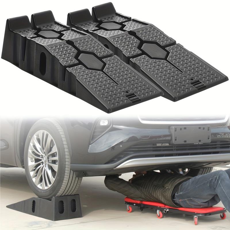 Product Introduction of Pair Of Heavy Duty 2.5 Ton Plastic Car Ramps Vehicle Lifting Ramps Portable Car Van Lift Lifter Car Repair Low Slope With Front Stopper For Car Maintenance, Non-Slip Traction Surface, 5 Ton Capacity In Total 2