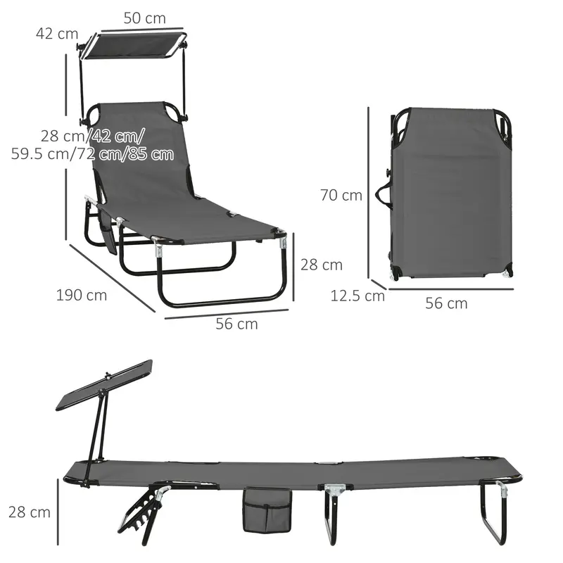 Outsunny 2 Piece Folding Sun Loungers with Canopy, Adjustable Recliner Garden Chairs with Side Pocket, Steel Frame and Breathable Mesh for Outdoor, Pool, Beach, Garden, Dark Grey 2