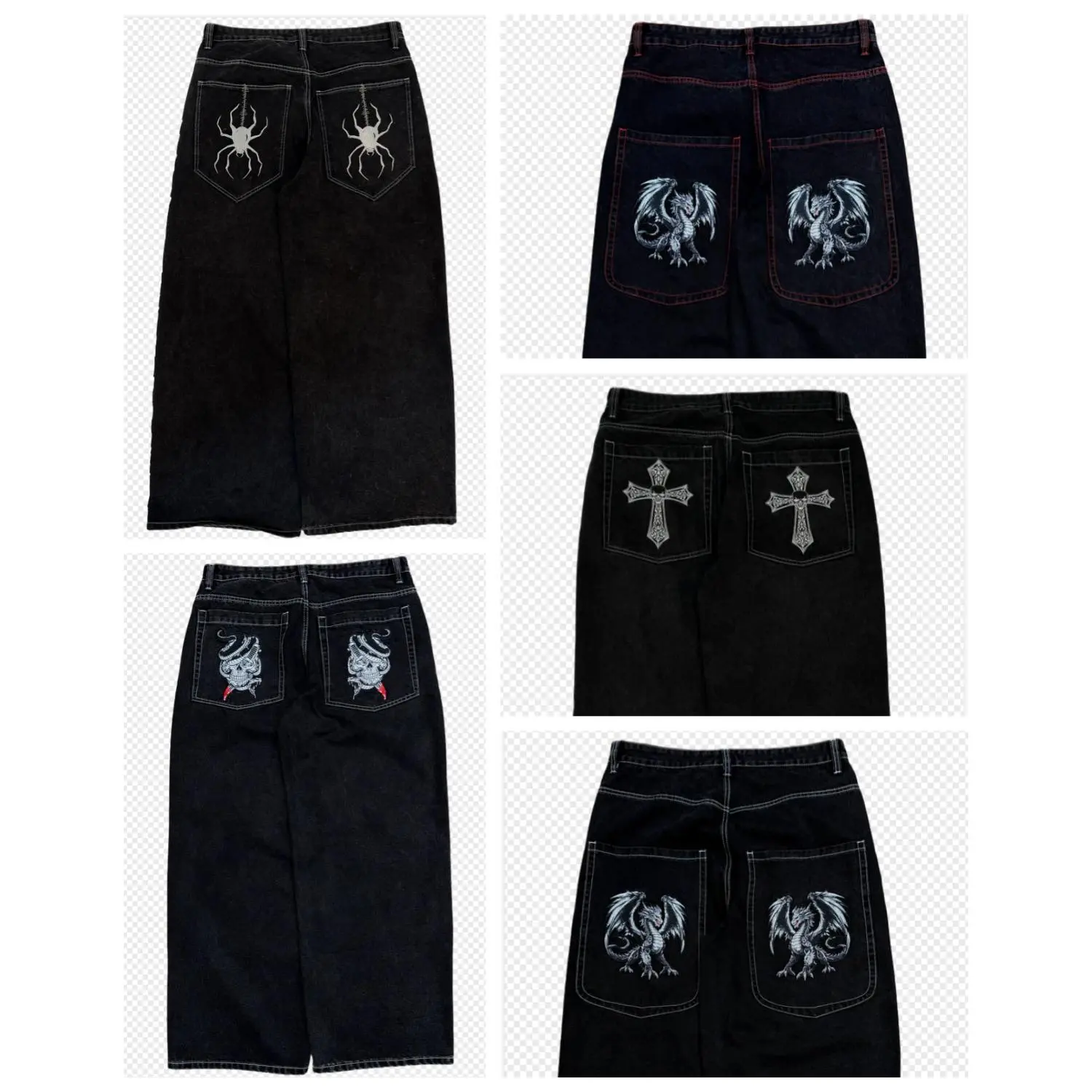 High street goth series black pocket printed straight baggy jeans y2k clothing trendy retro washed basic denim casual trousers