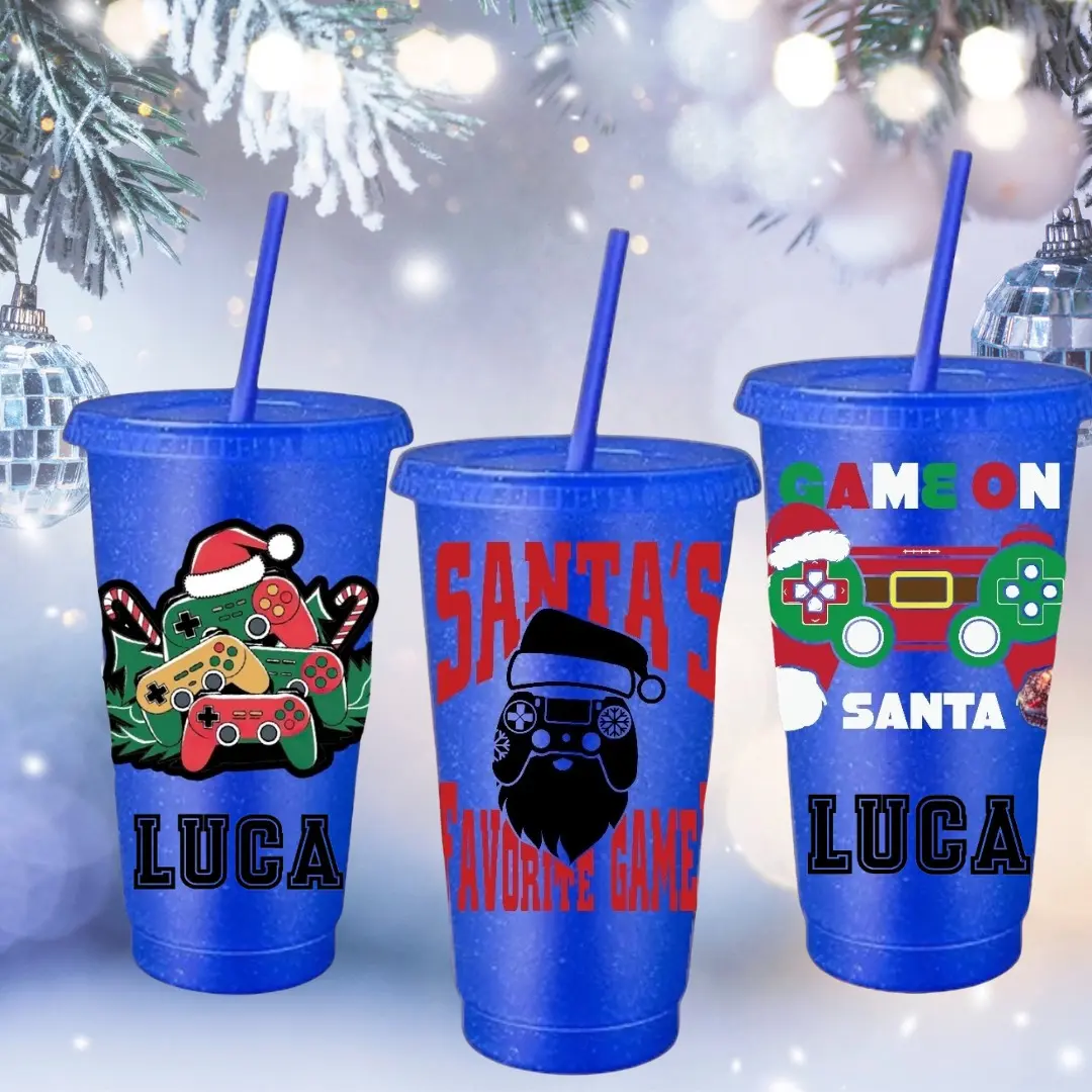 Personalised Christmas gamer blue glitter 24 oz cold cup santas gamer