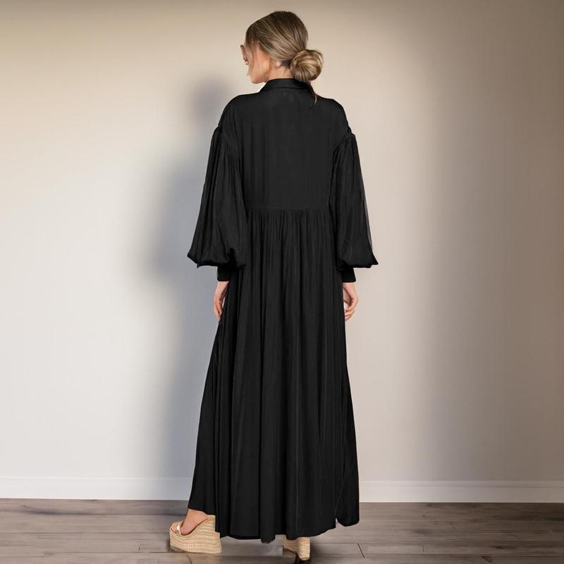 Women's Trendy Plain Lapel Balloon Sleeve Button Up Pleated Maxi Dress,Spring & Summer Dresses for Women,Solid Color Maxi Dresses for Women,Lady Loose Dress for Daily Holiday Wear,Birthday Outfits for Women,Comfortable Womenswear 3