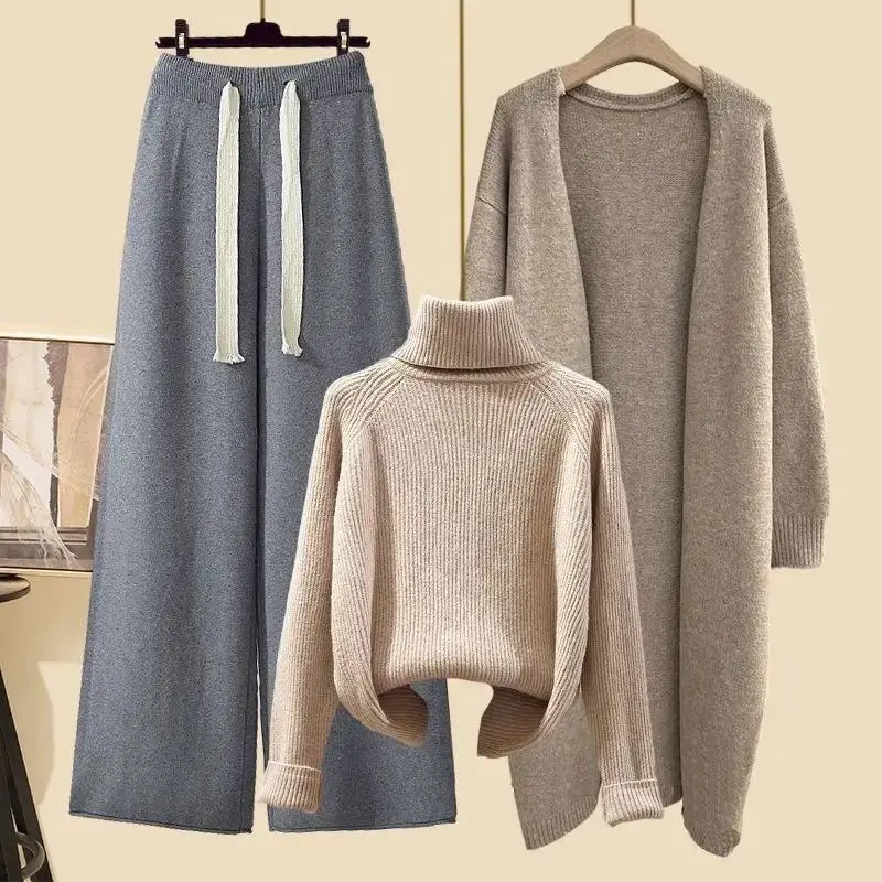 Plus Size Women's Winter Cardigan Jacket Polo/turtle Neck Sweater Bell Bottoms Three-piece Set New Style Long Length 5