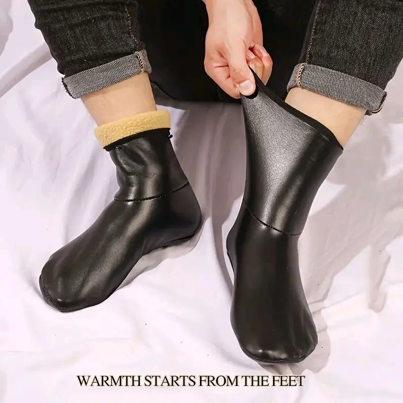 Unisex Leather Indoor Waterproof Black Leather Socks With Velvet Lining Antislip Sole Hand Washable 1 Pair Warm Thermal Socks Plain Soft