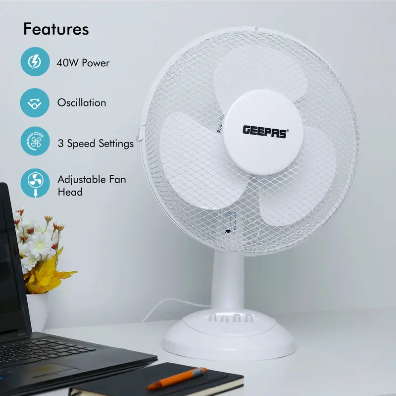 Geepas Portable Desk Fan 12 Inch, 3 Speed, Quiet Operation, White 2