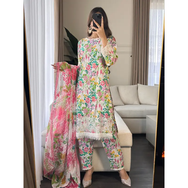 3 pcs Stitched WHITE lawn suit Ready to Wear with chiffon dupatta LNE-24017 8